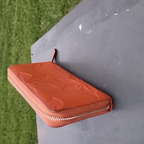 Bostanten Orange Leather Floral Embossed Wallet Wristlet - Picture 4 of 13